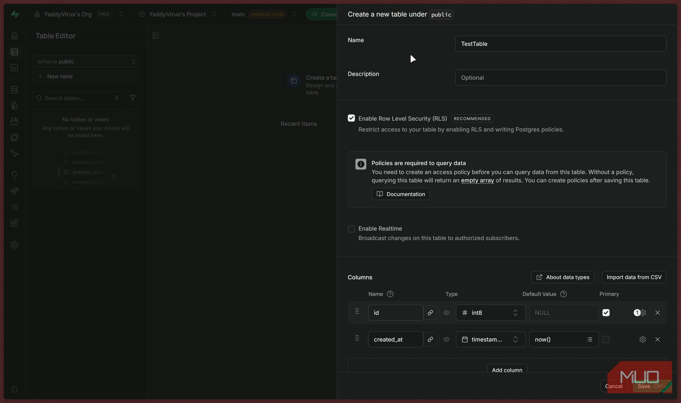 Table Editor table creation screen.