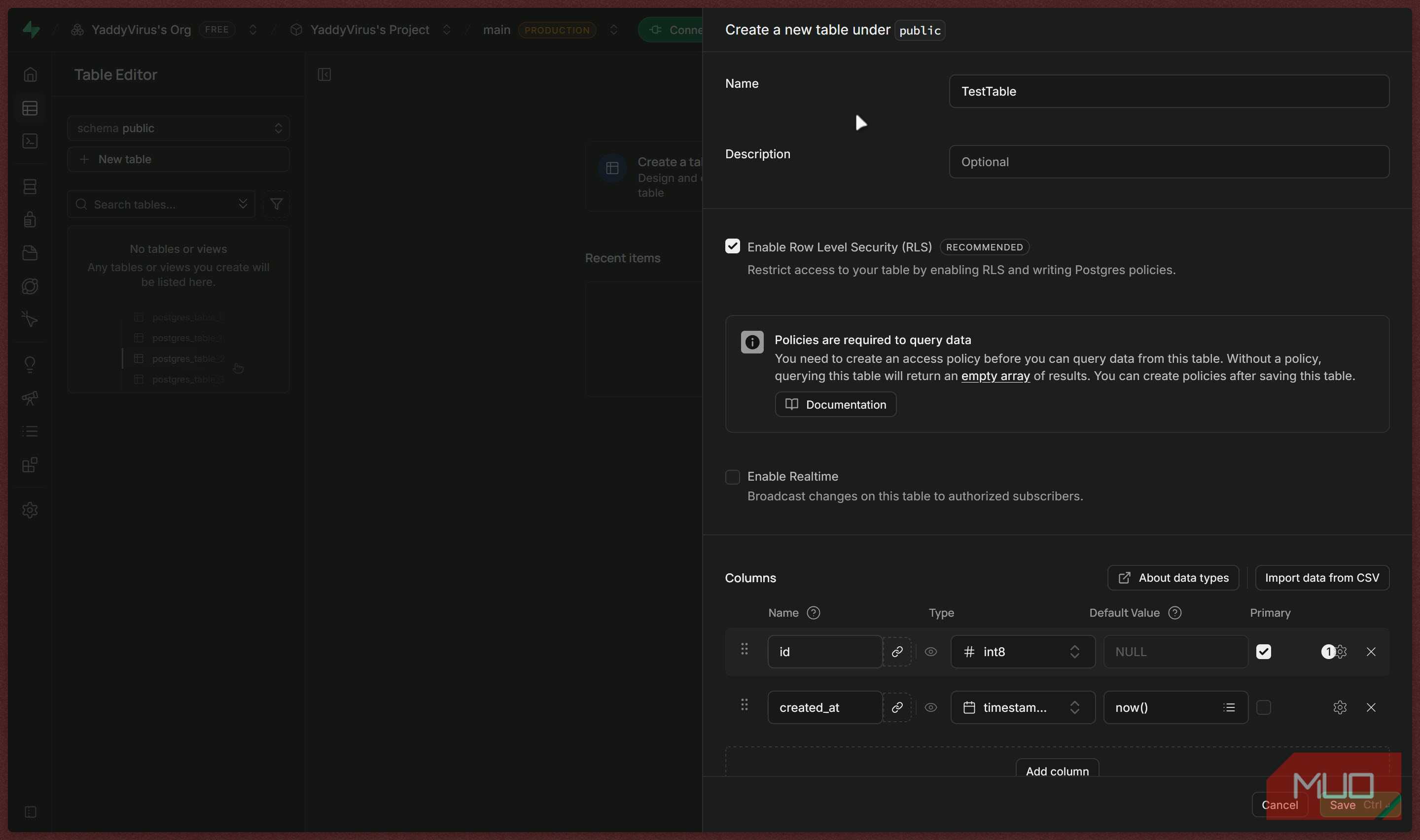 Table Editor table creation screen.