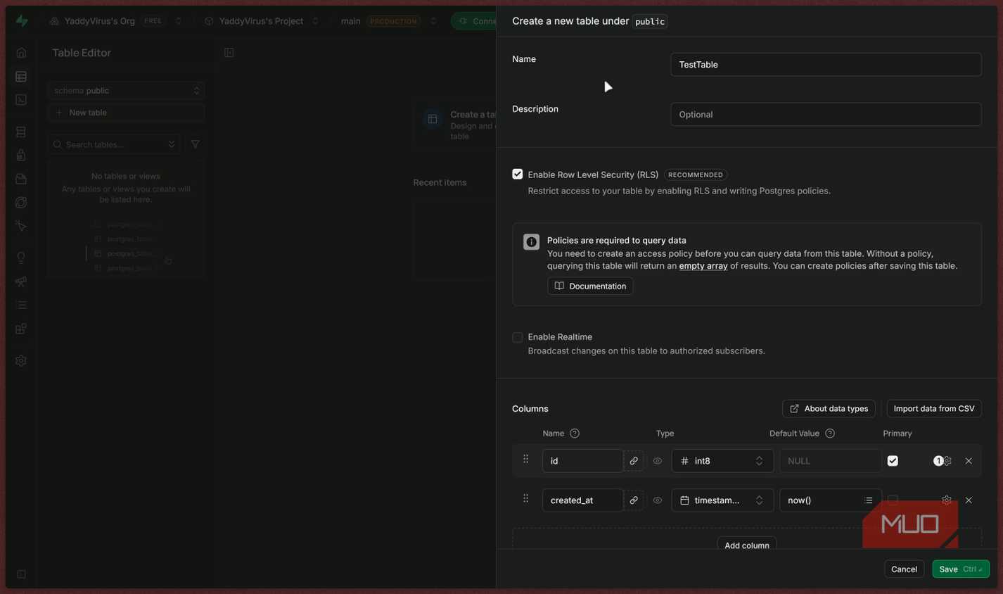 Table Editor table creation screen.
