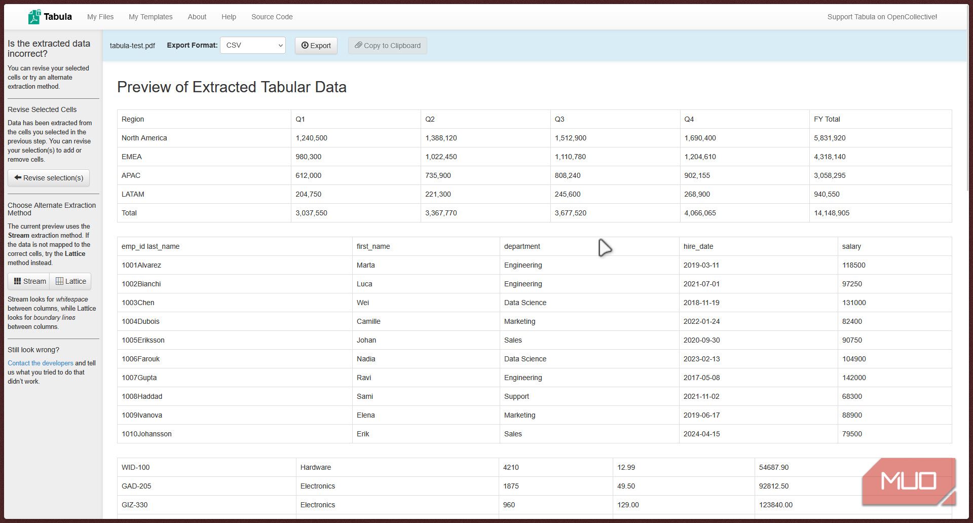 Tabula showing extracted data.