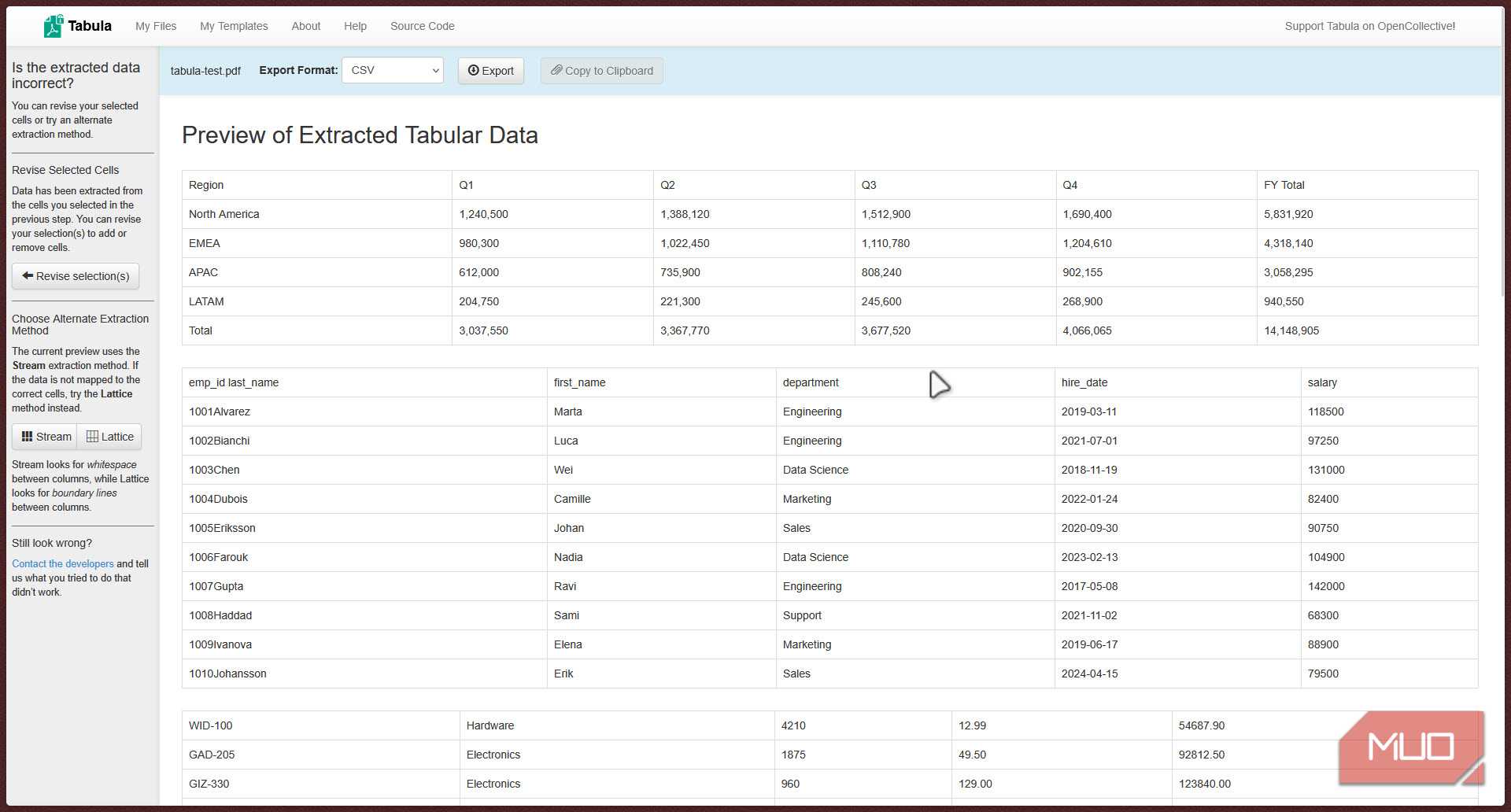 Tabula showing extracted data.
