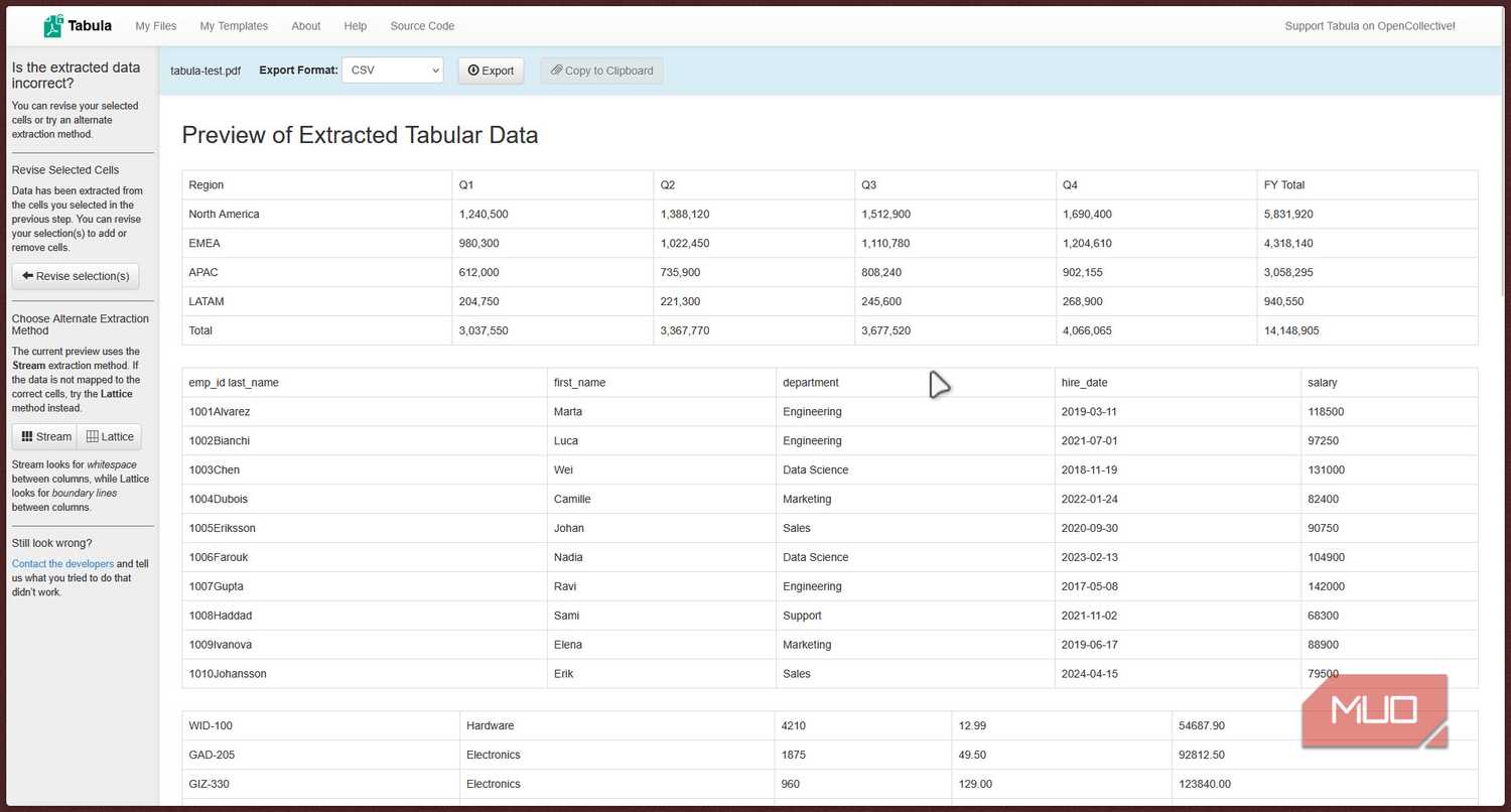 Tabula showing extracted data.