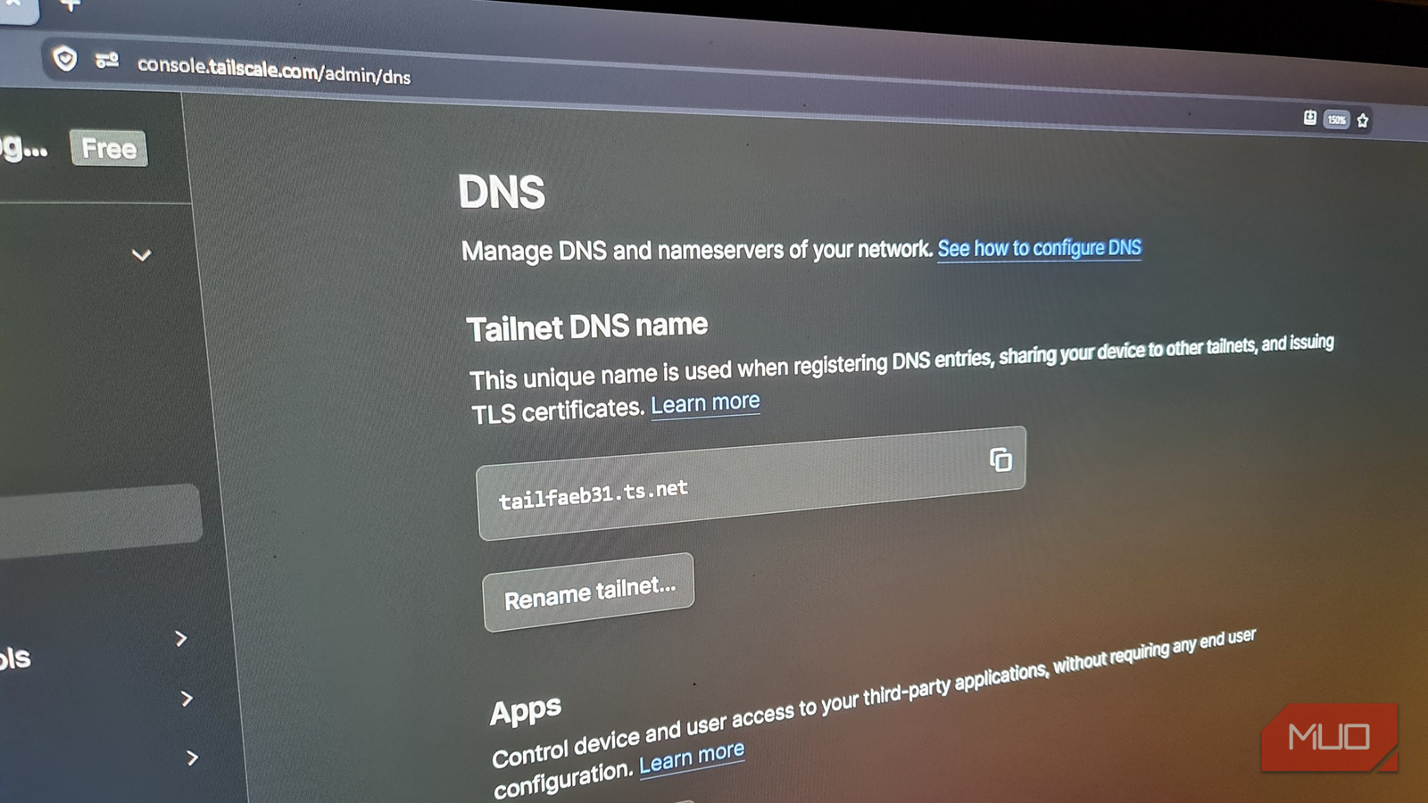Tailscale console admin with MagicDNS settings and URL