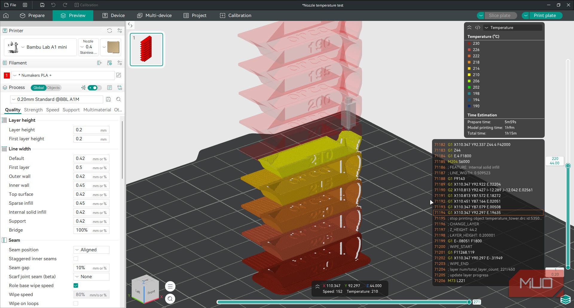 Temperature view of temperature tower in OrcaSlicer.