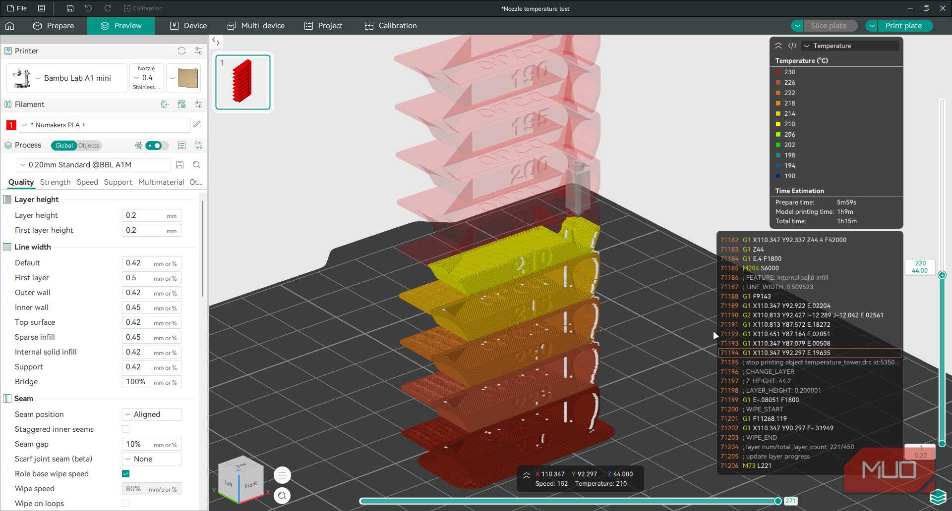 Temperature view of temperature tower in OrcaSlicer.