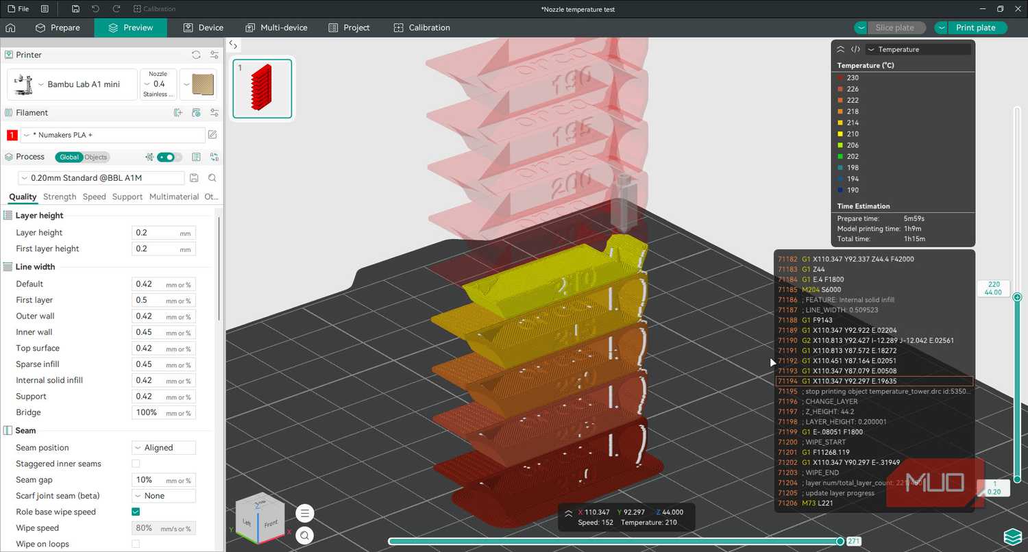 Temperature view of temperature tower in OrcaSlicer.