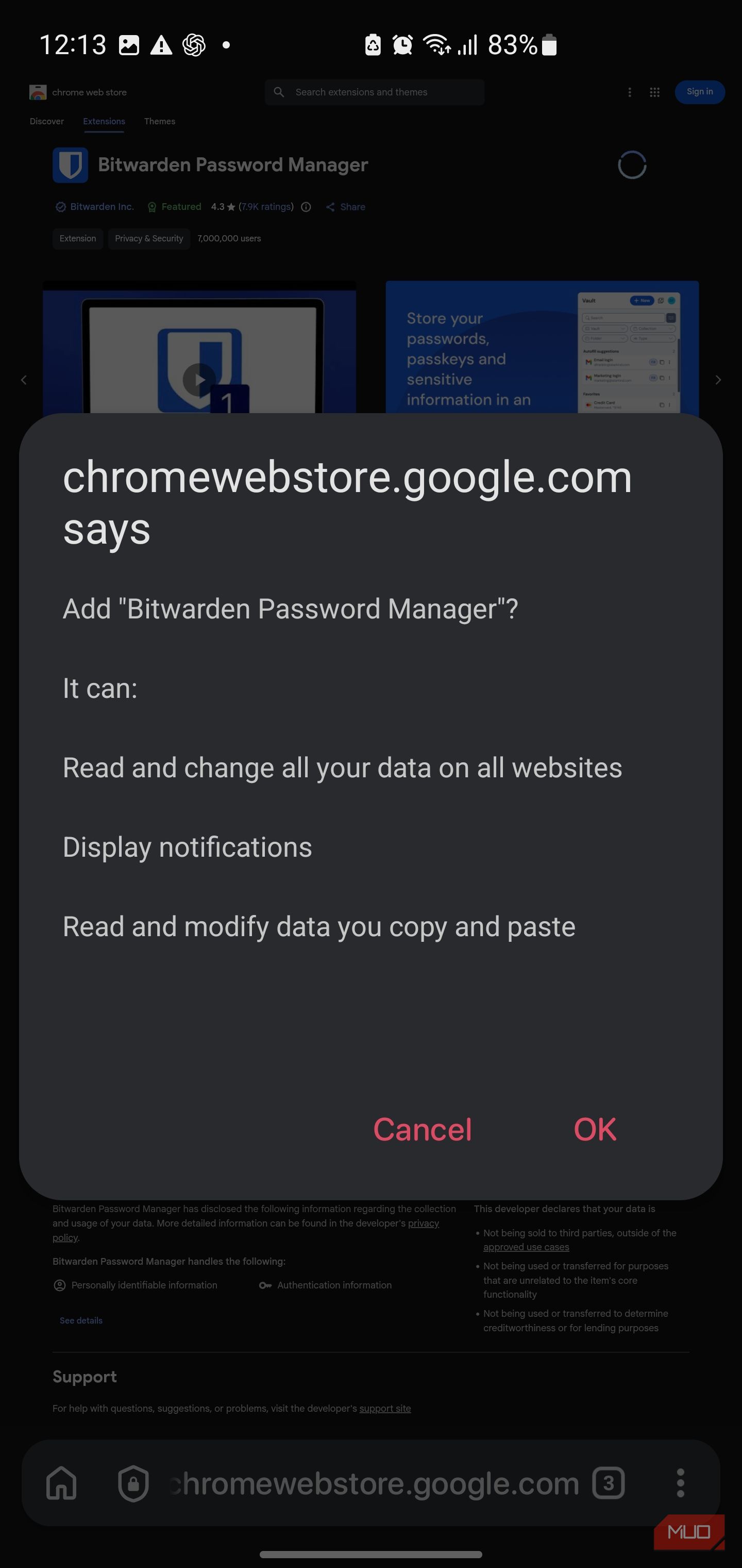 The Android installation permission dialog for Bitwarden