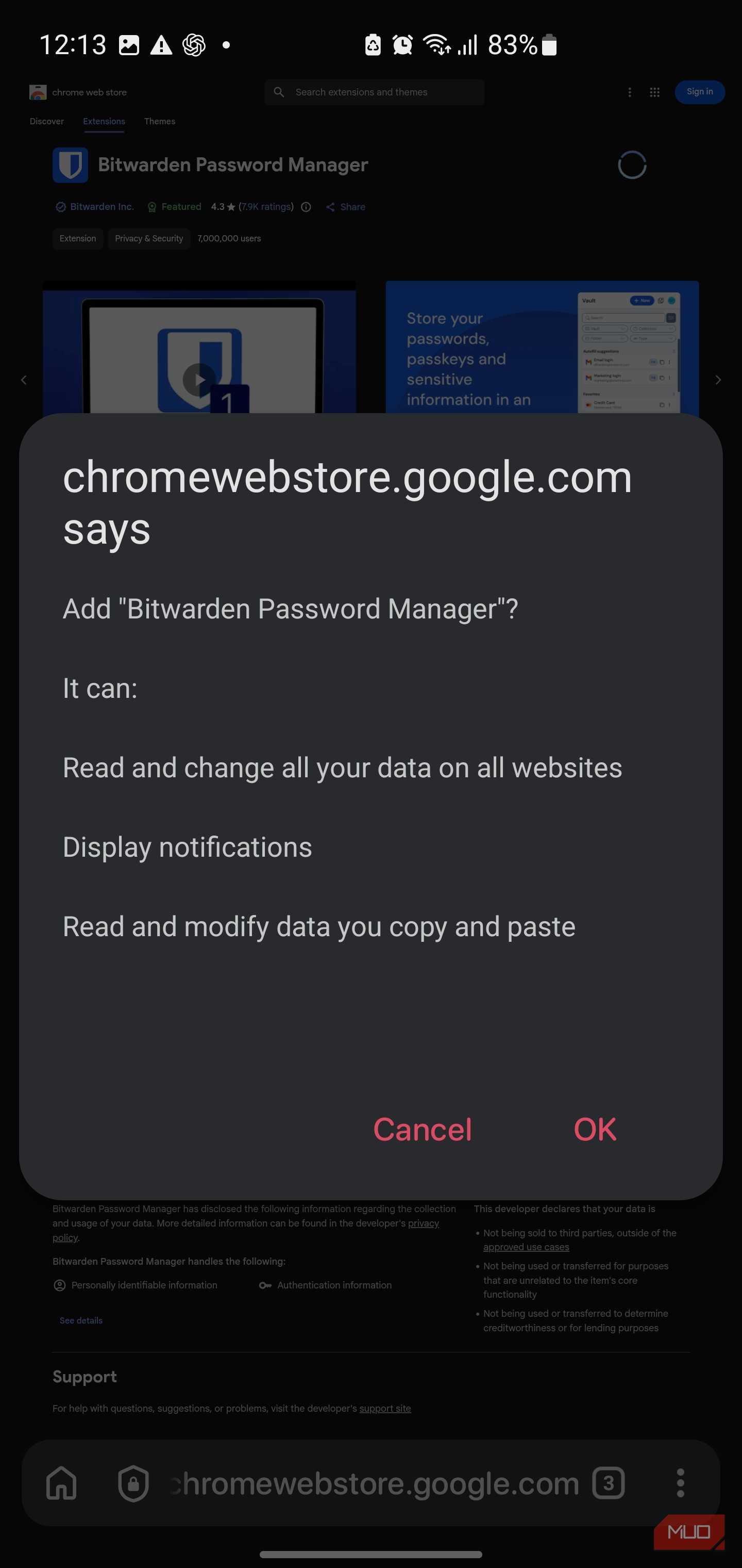 The Android installation permission dialog for Bitwarden