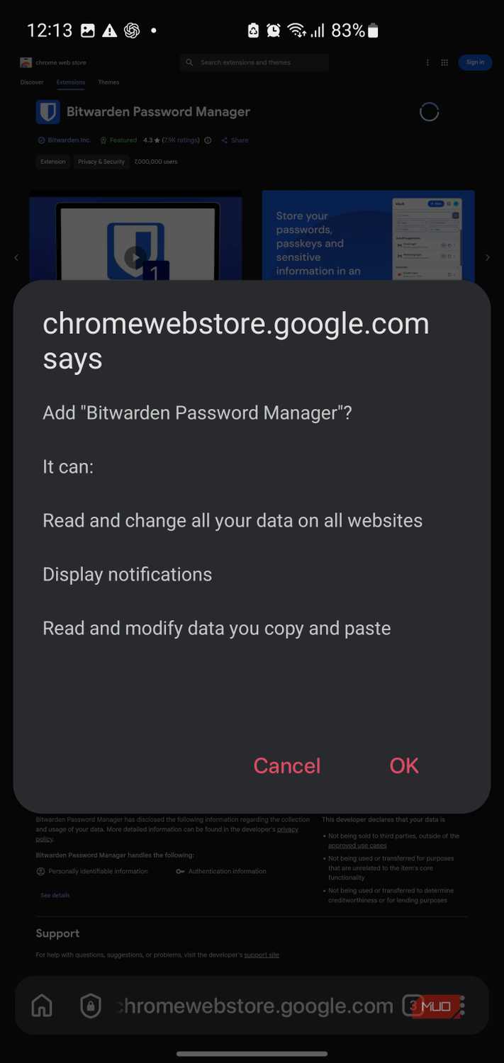 Quetta Browser — приватный браузер для Android с поддержкой расширений Chrome The Android installation permission dialog for Bitwarden