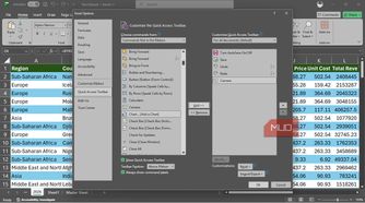 The Customize the Quick Access Toolbar menu in Excel with the Camera tool enabled.