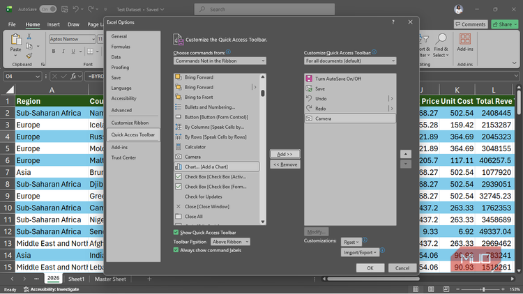 The Customize the Quick Access Toolbar menu in Excel with the Camera tool enabled.