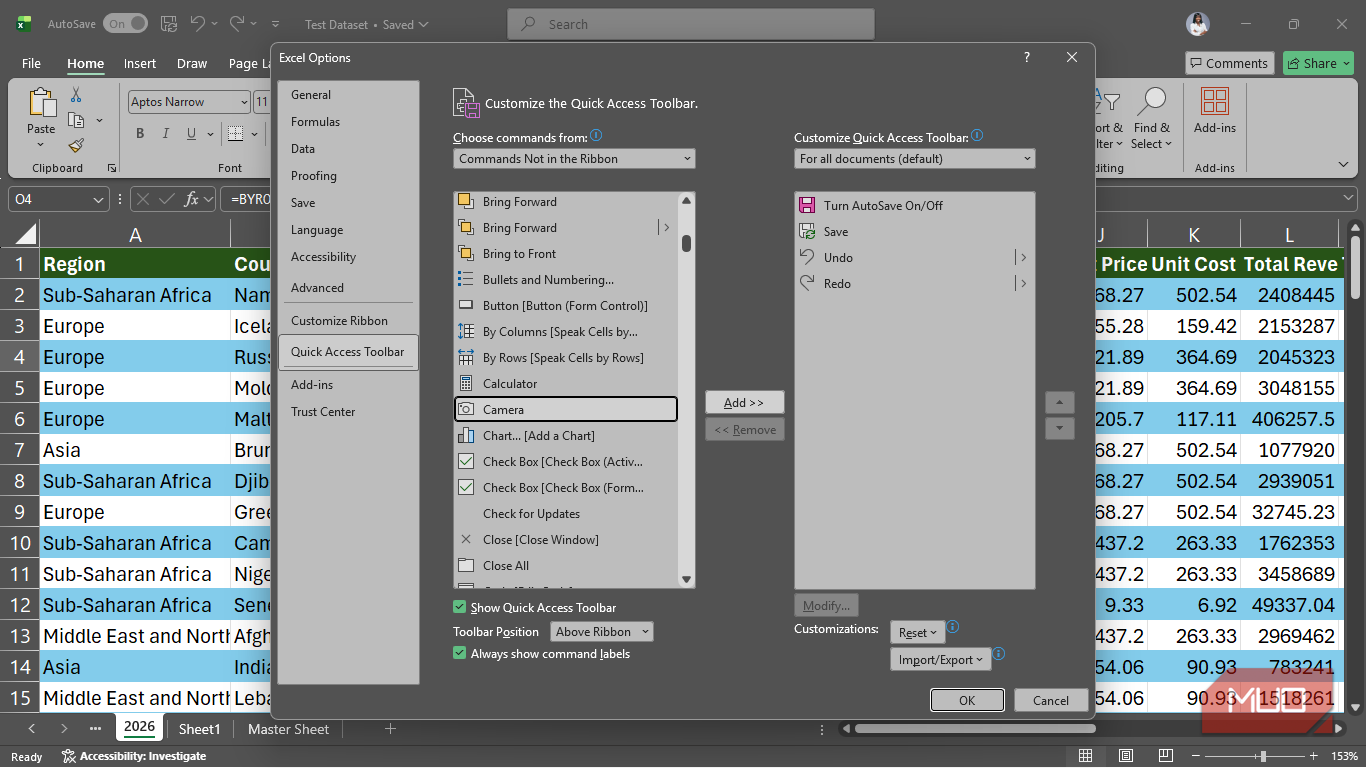The Customize the Quick Access Toolbar menu in Excel.