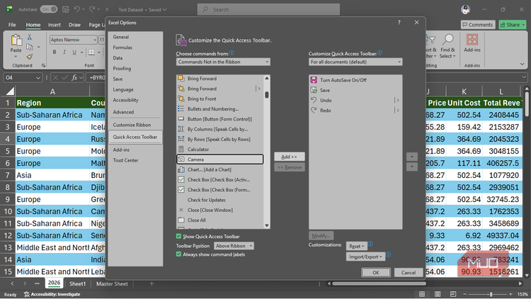 The Customize the Quick Access Toolbar menu in Excel.