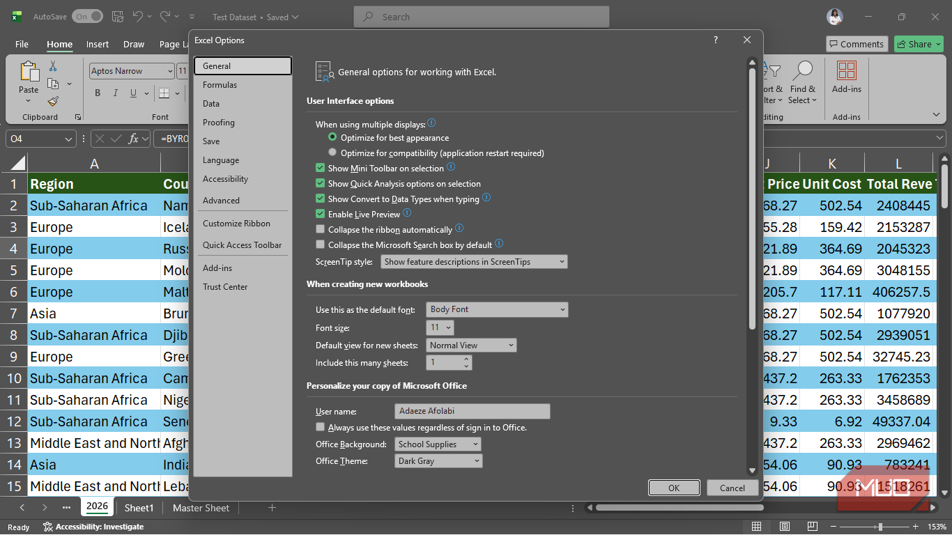The General tab under Excel Options.