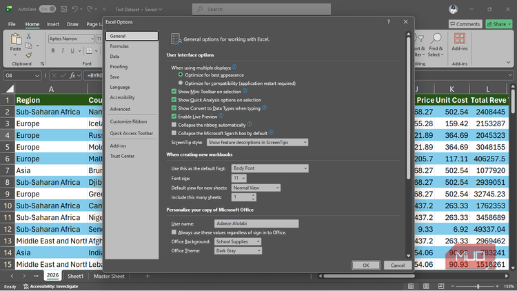 The General tab under Excel Options.