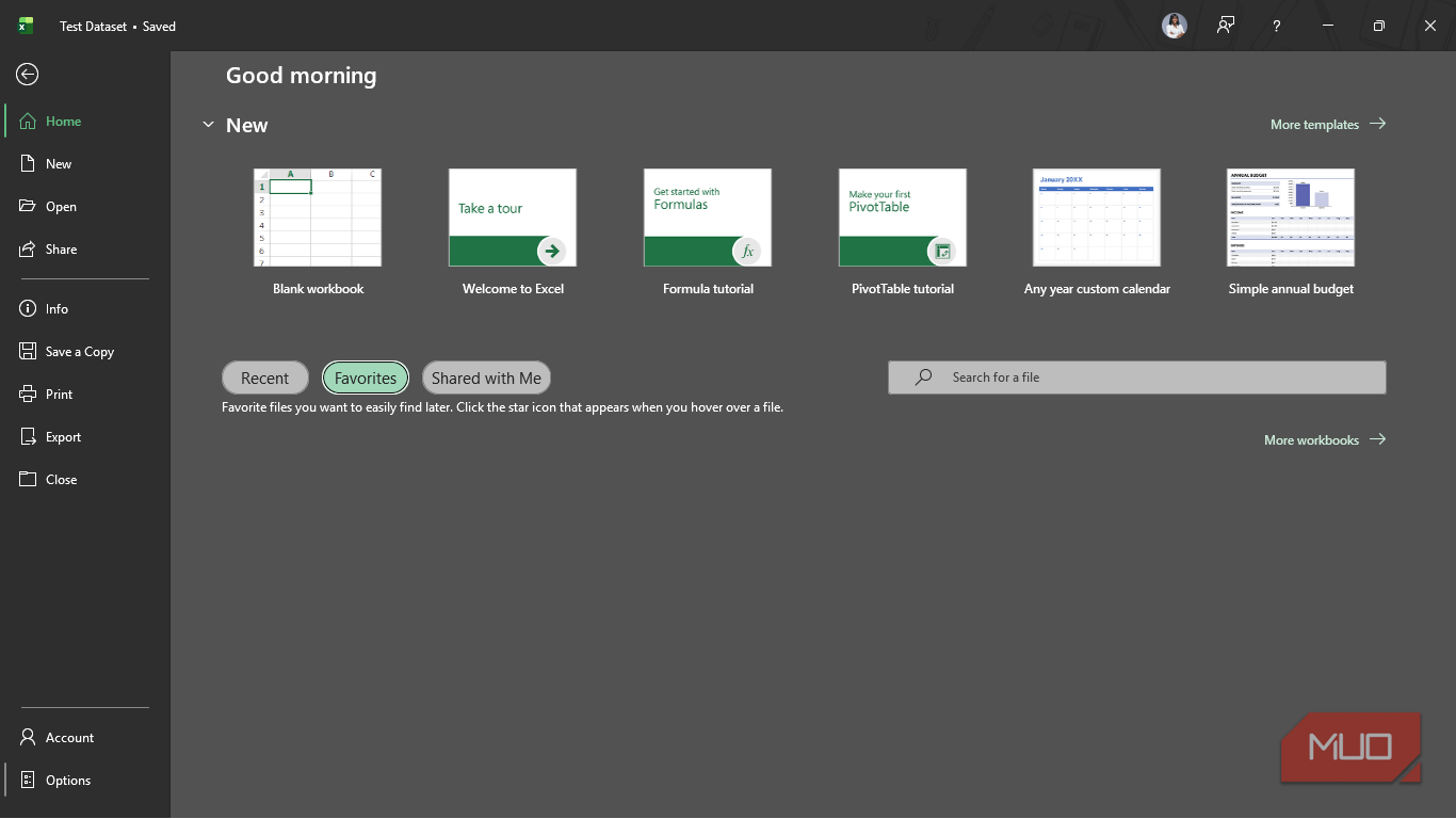 The Home tab in Microsoft Excel with the Favorites menu selected.