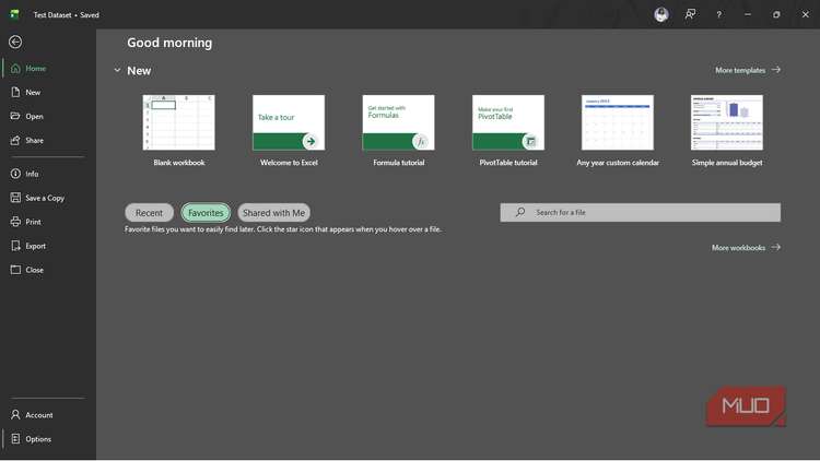 The Home tab in Microsoft Excel with the Favorites menu selected.