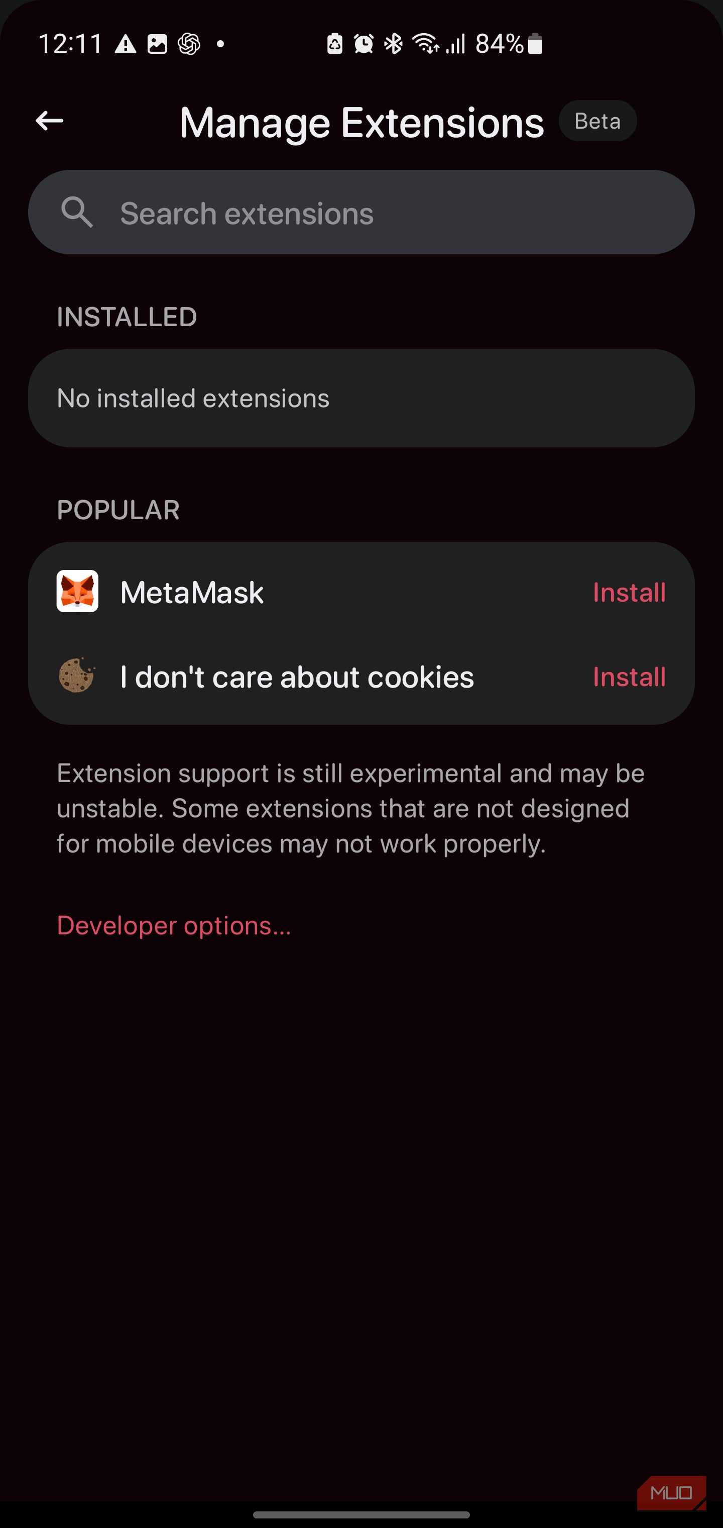 The Manage Extensions screen.