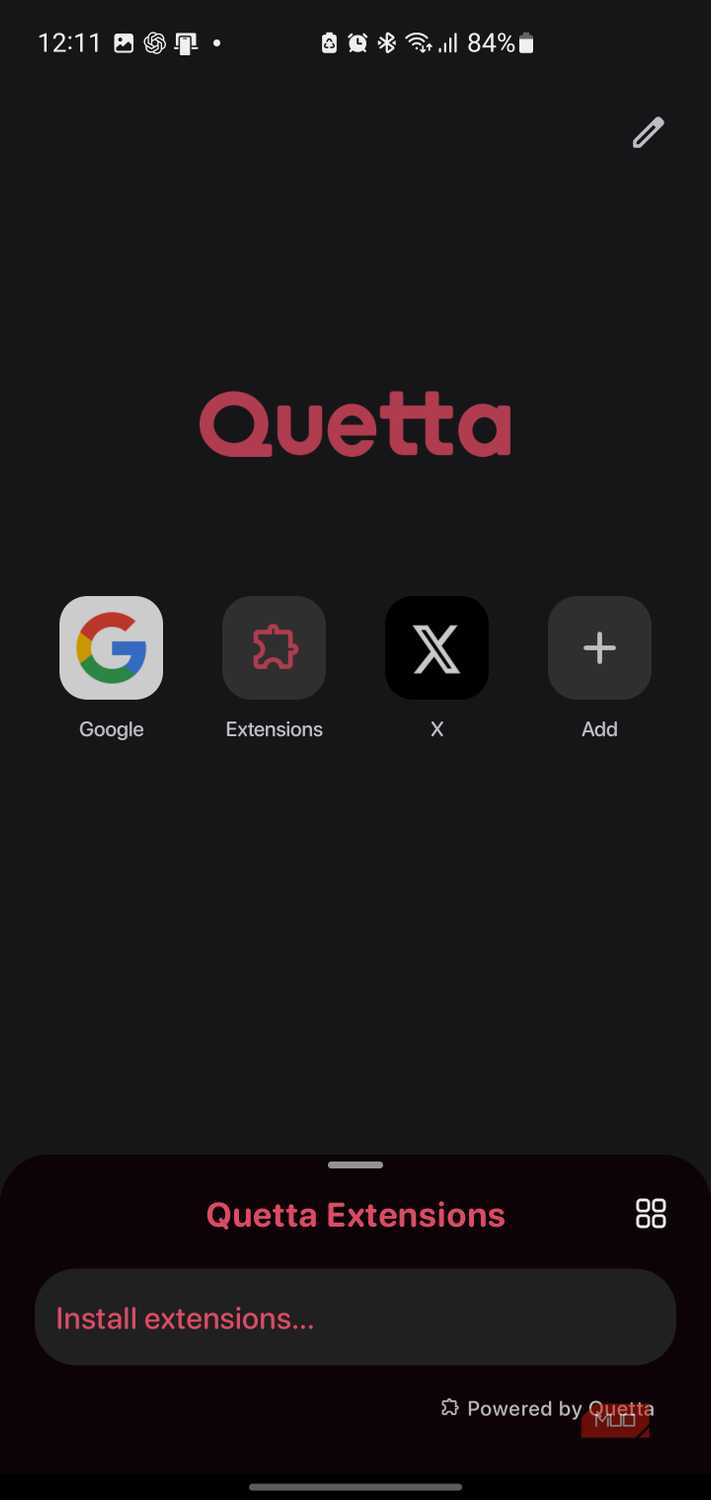Quetta Browser — приватный браузер для Android с поддержкой расширений Chrome The Quetta Extensions drawer.