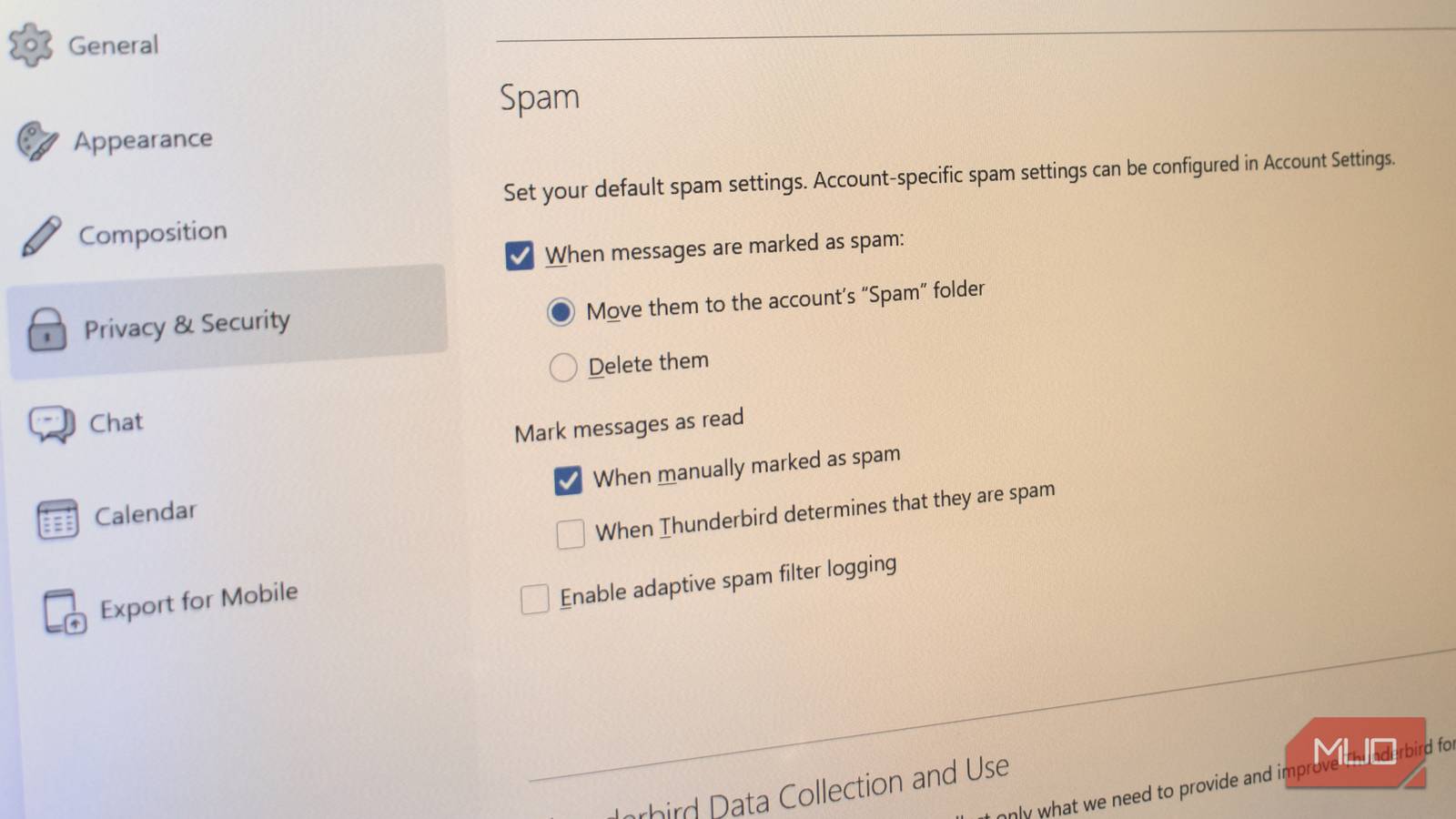 thunderbird email client spam settings.