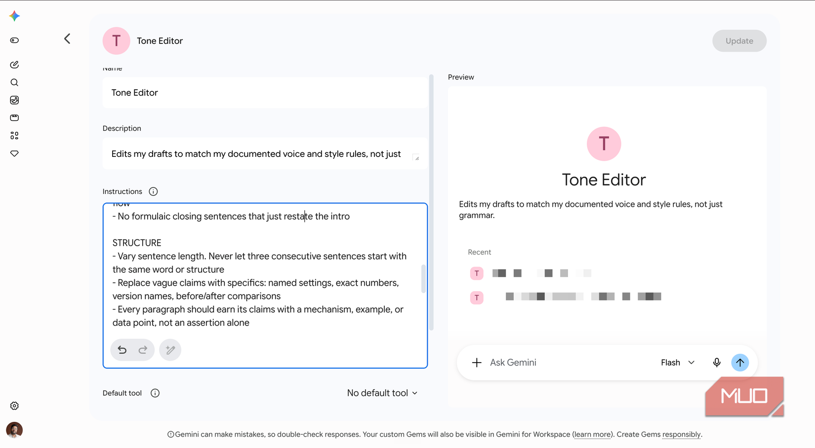 Google Gemini is showing the Tone Editor Gem Creation