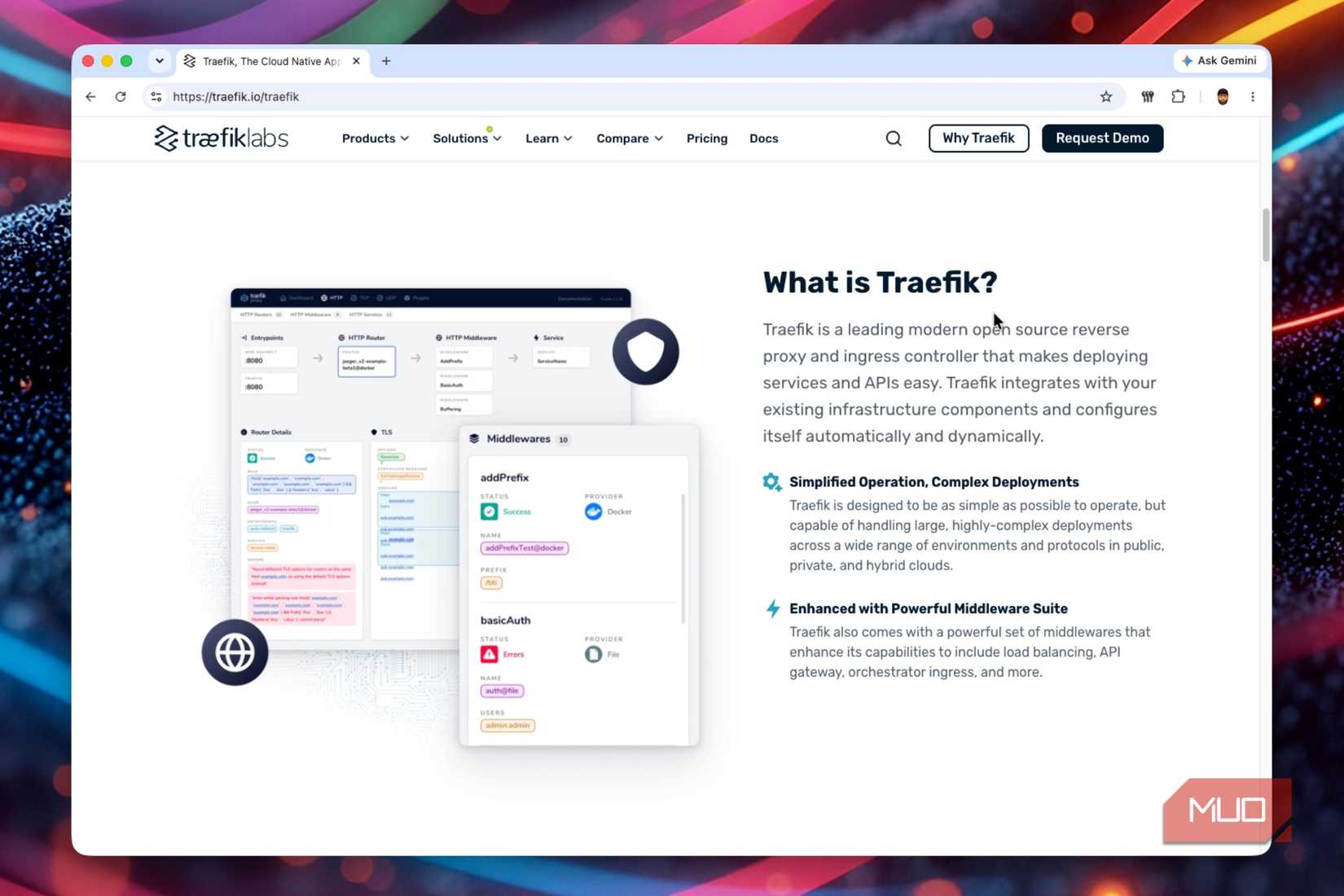 Screenshot showing the Traefik website detailing what it is used for.