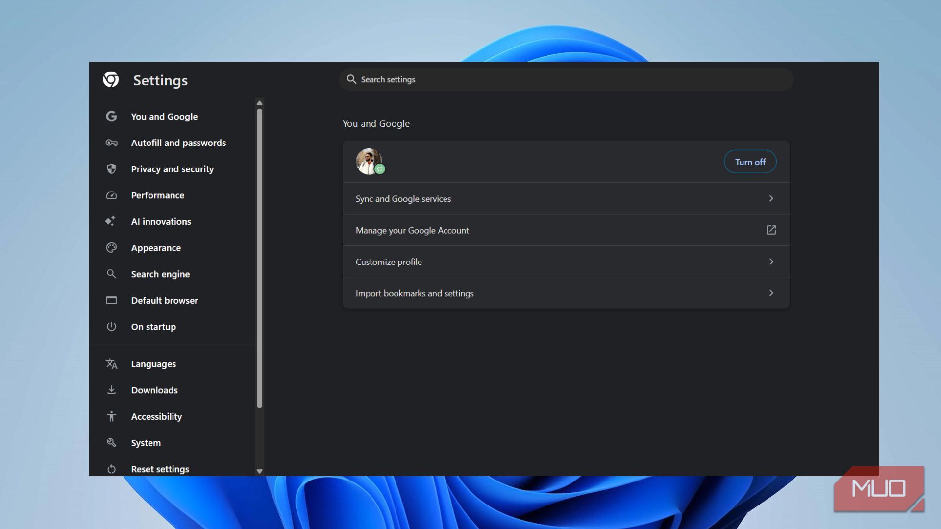 Chrome You and Google settings page with the Turn off sync button