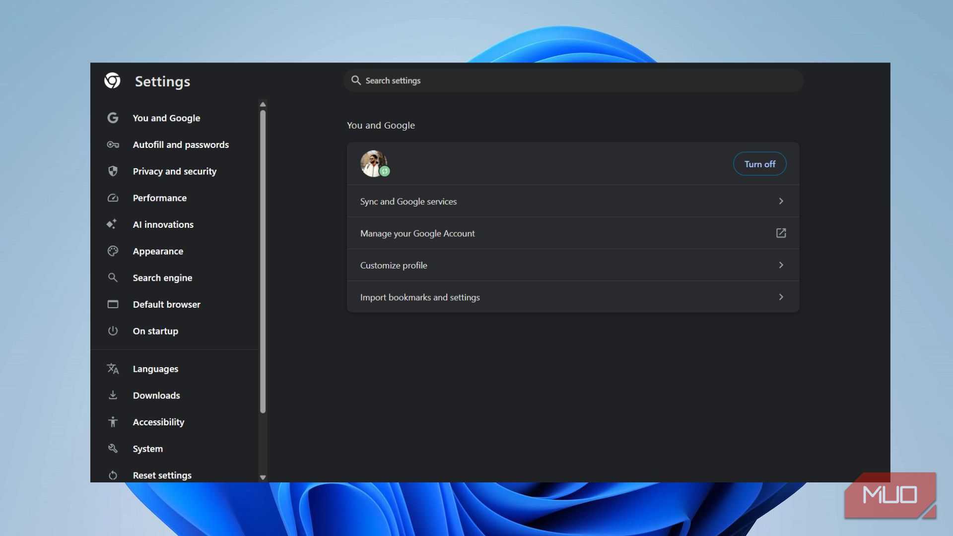 Chrome You and Google settings page with the Turn off sync button