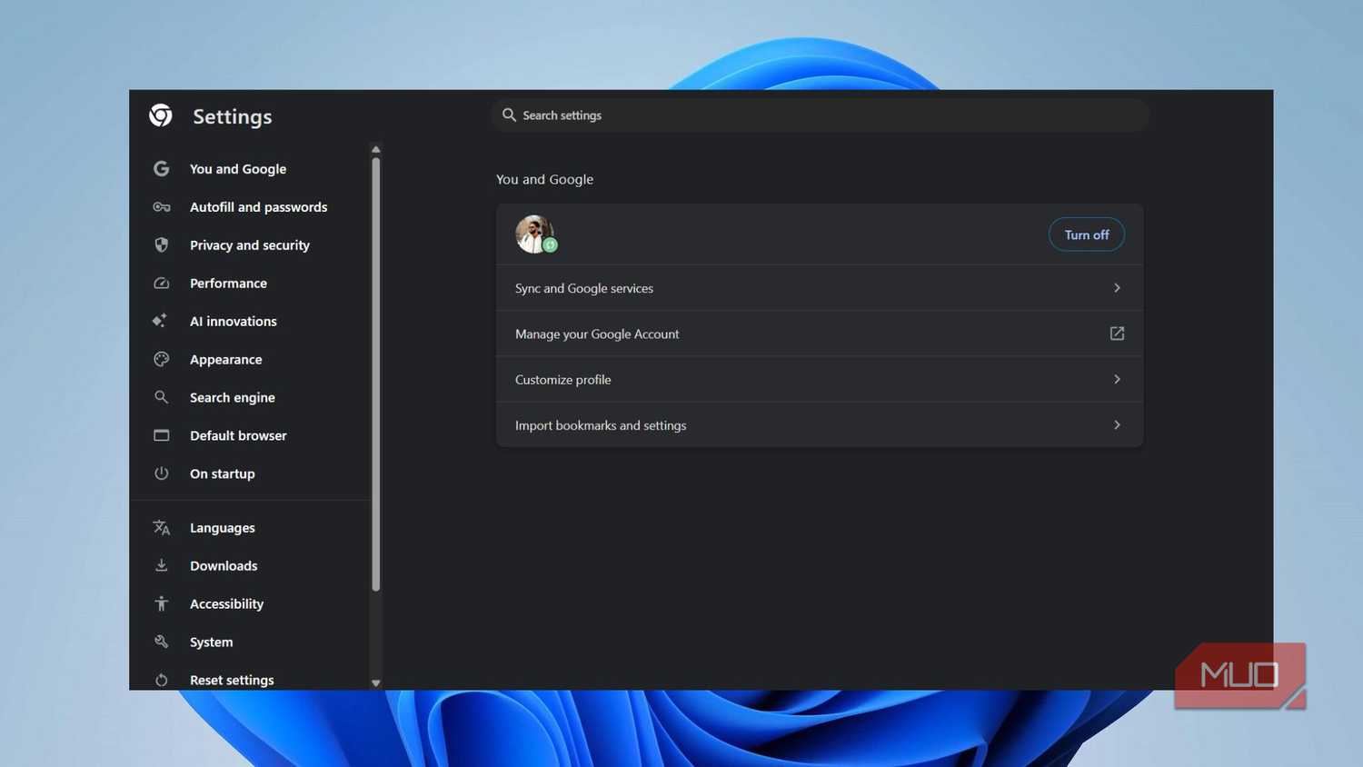 Chrome You and Google settings page with the Turn off sync button