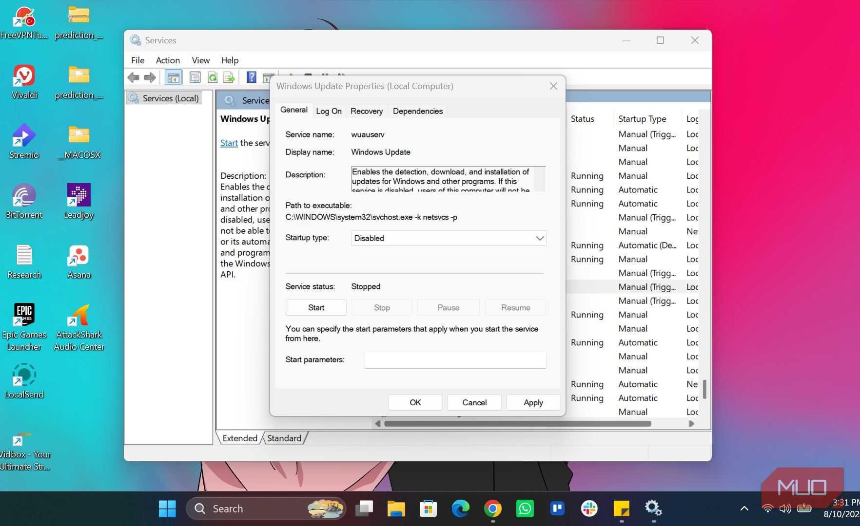 Turning off Windows Update service