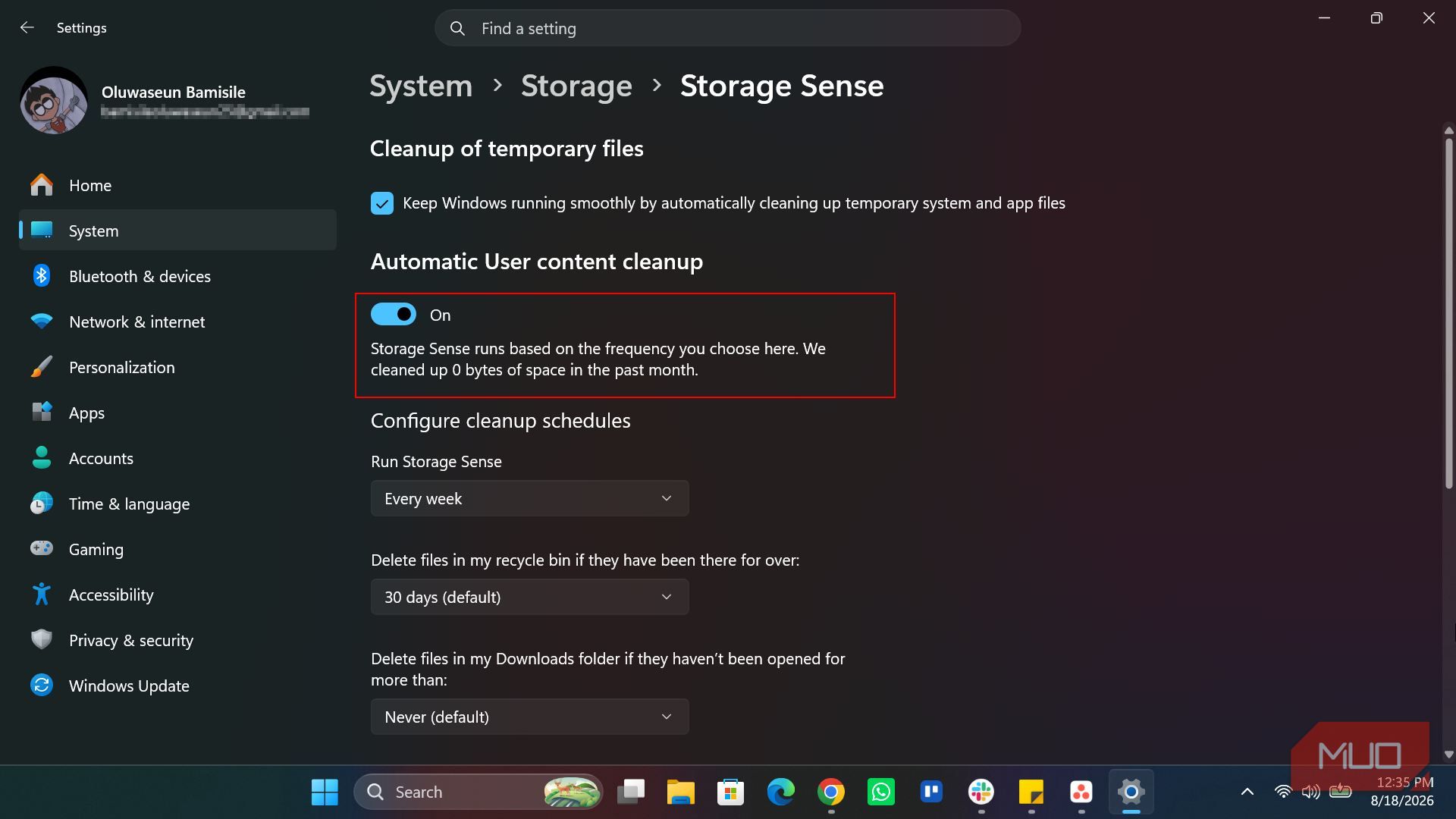 Turning on Storage Sense