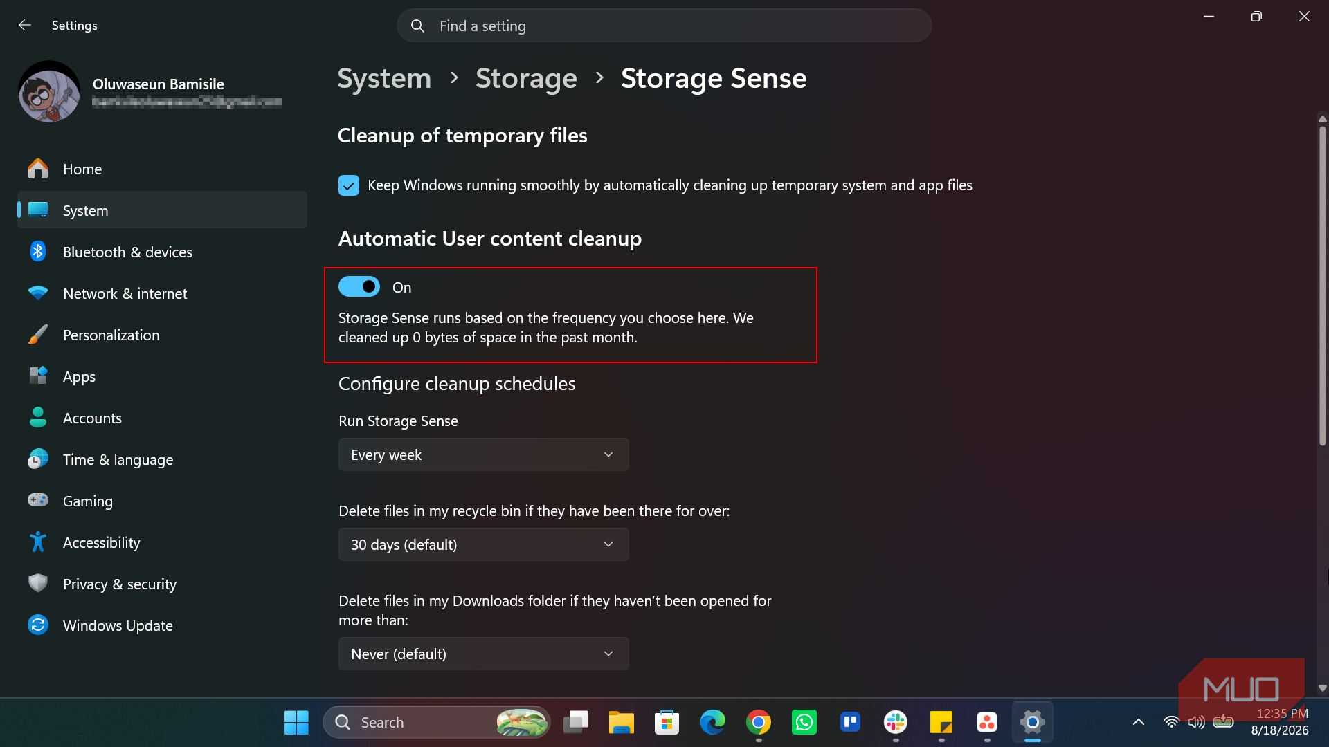 Turning on Storage Sense