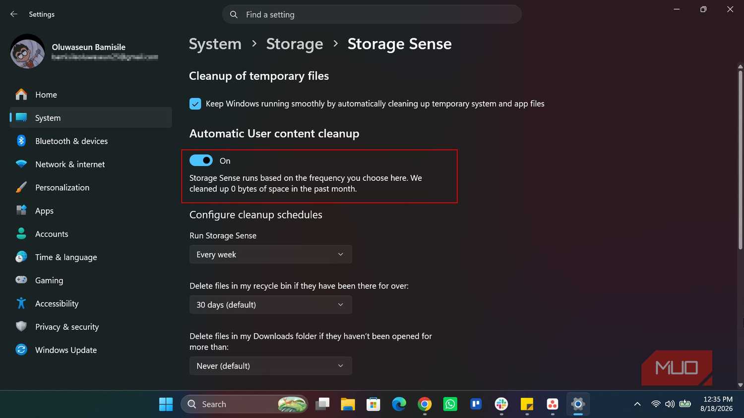 Turning on Storage Sense