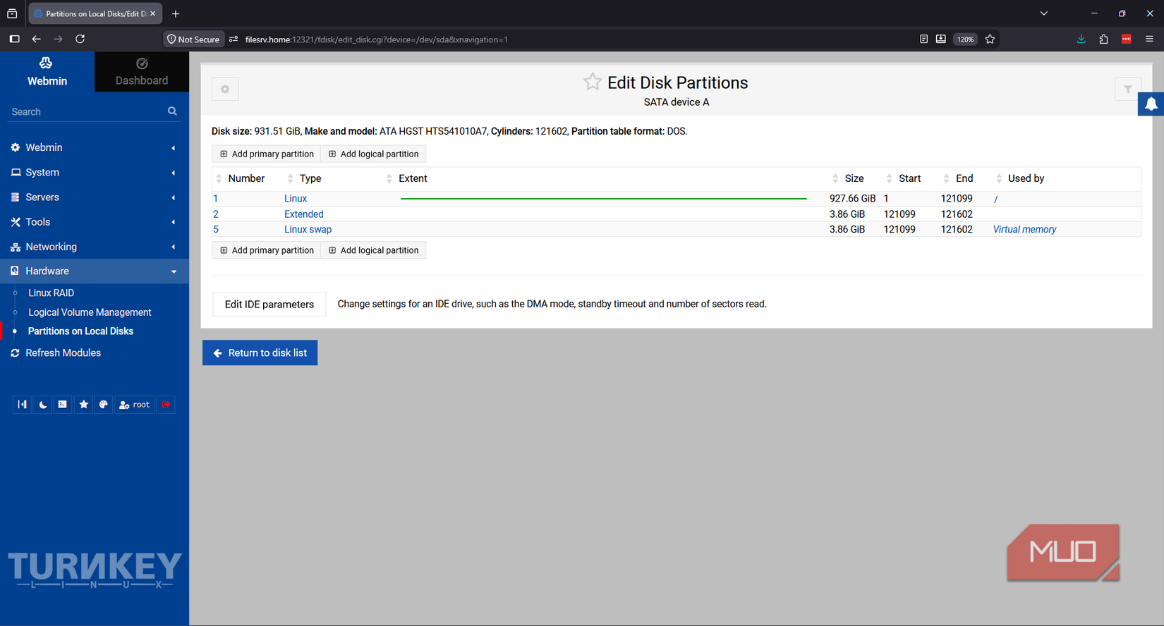 TurnKey Linux Webmin showing disk partions