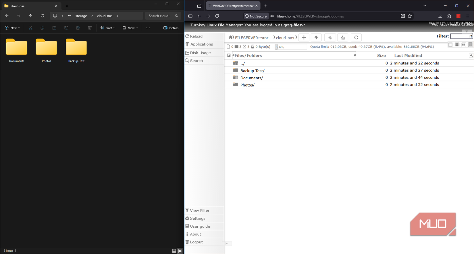 TurnKey Linux WebDAV interface and file manager showing synced files with File Explorer