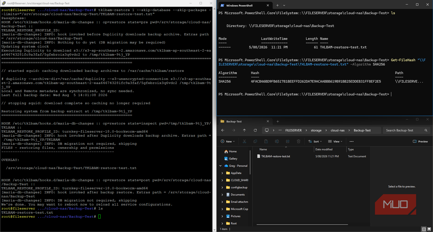 TurnKey Linux TKLBAM backup command and restoration of test file