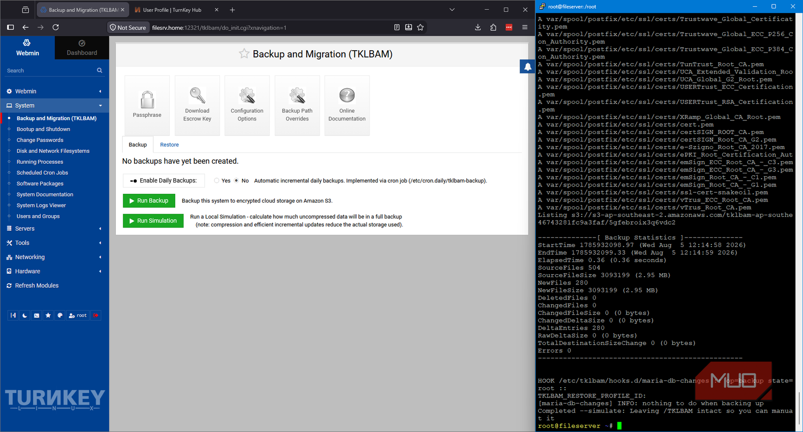 TurnKey Linux TKLBAM running a simulated backup and showing no changes