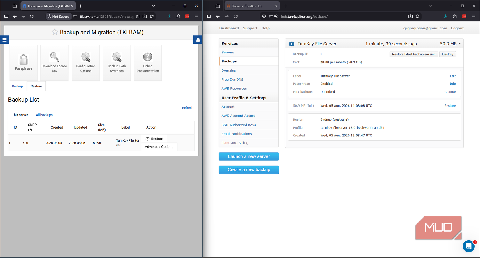 TurnKey Linux file server TKLBAM backup and Hub showing successful backup