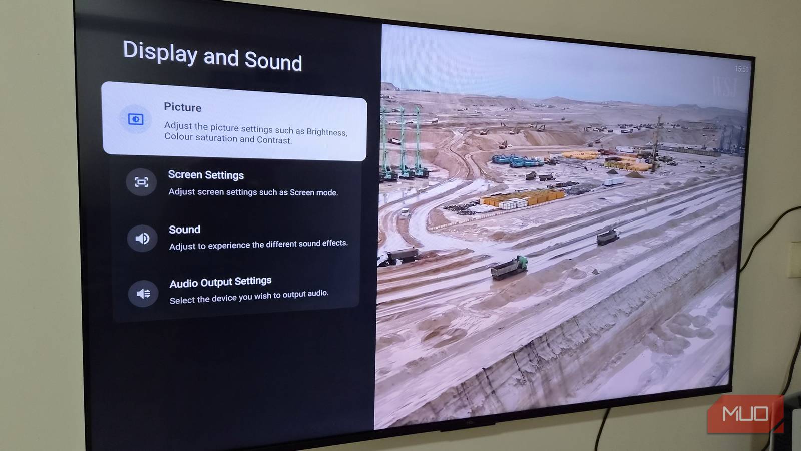 TV showing display and sound settings