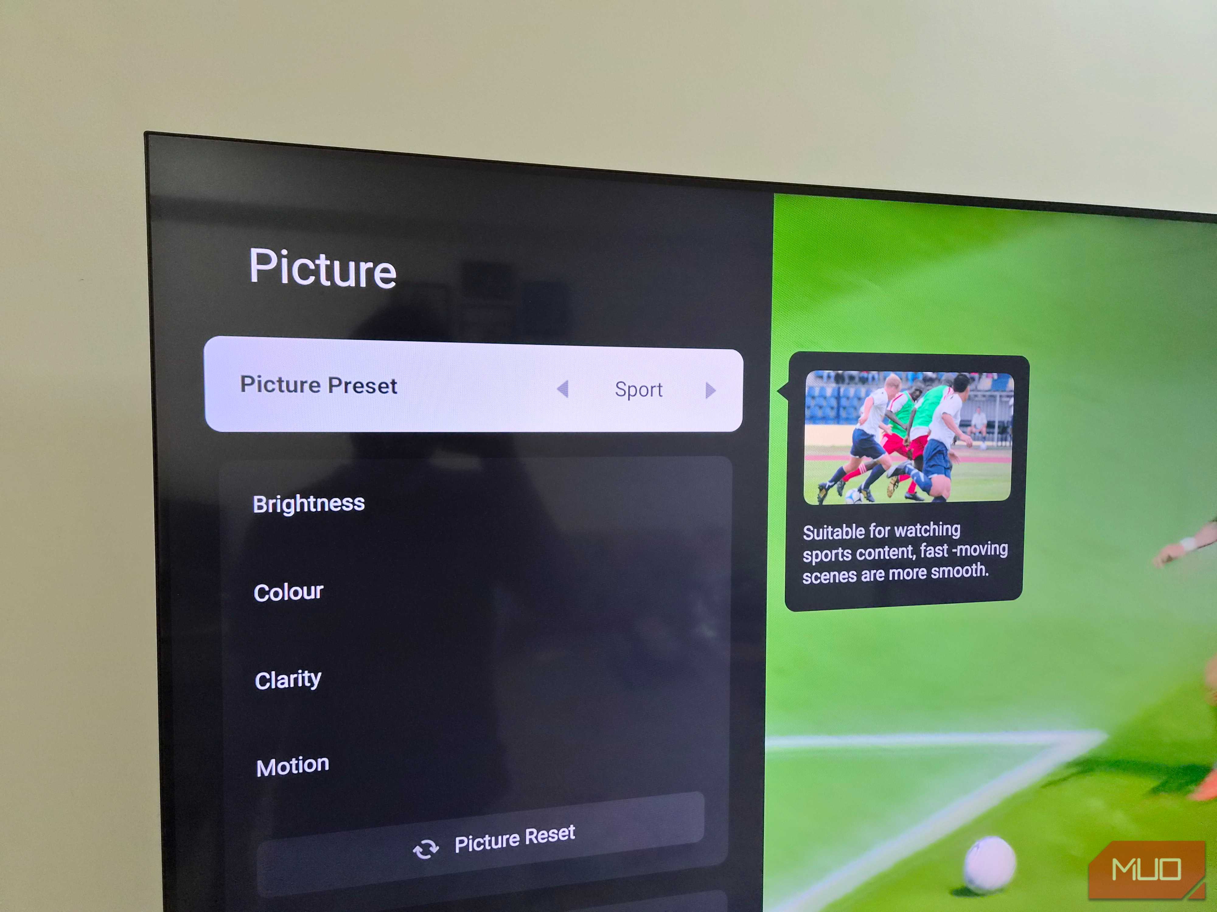 TV showing Sports picture mode