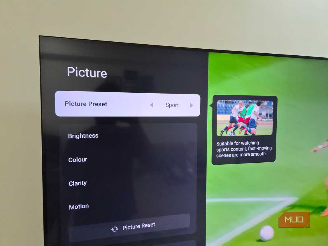TV showing Sports picture mode