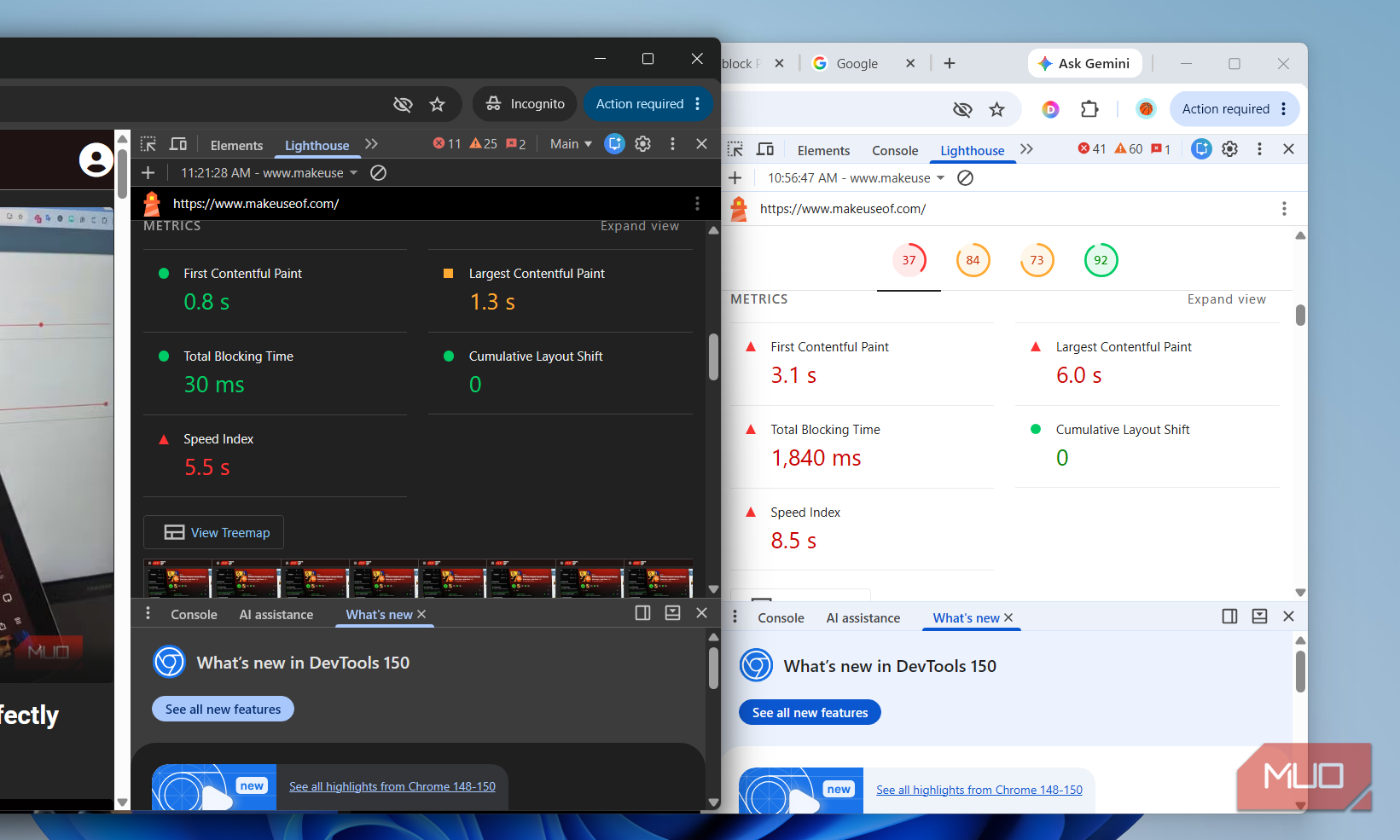 Two Chrome windows showing Lighthouse test results