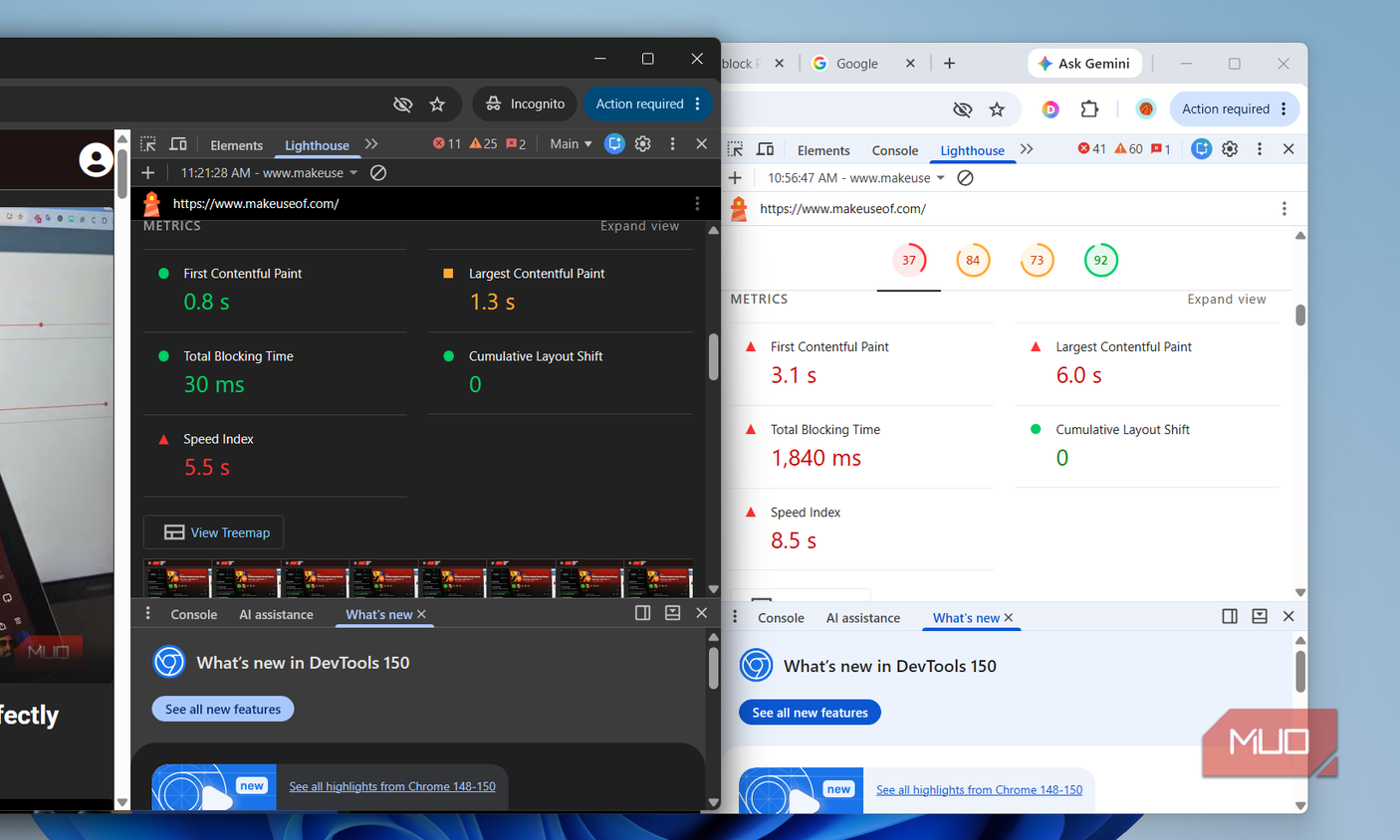 Two Chrome windows showing Lighthouse test results