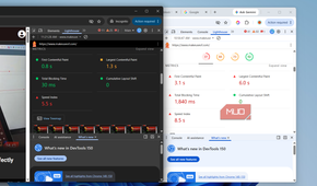Two Chrome windows showing Lighthouse test results