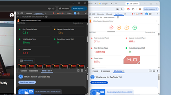 Two Chrome windows showing Lighthouse test results