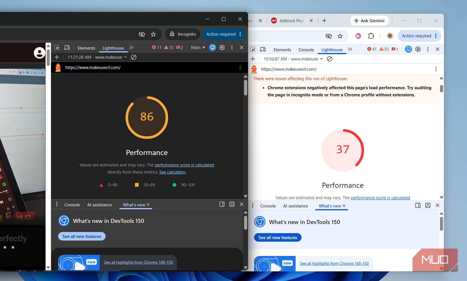 Two Chrome windows showing Lighthouse test