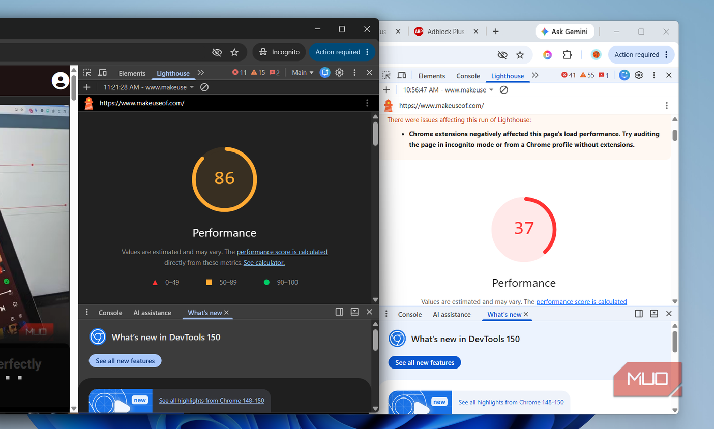 Two Chrome windows showing Lighthouse test