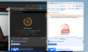 Two Chrome windows showing Lighthouse test