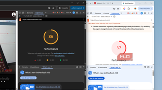 Two Chrome windows showing Lighthouse test
