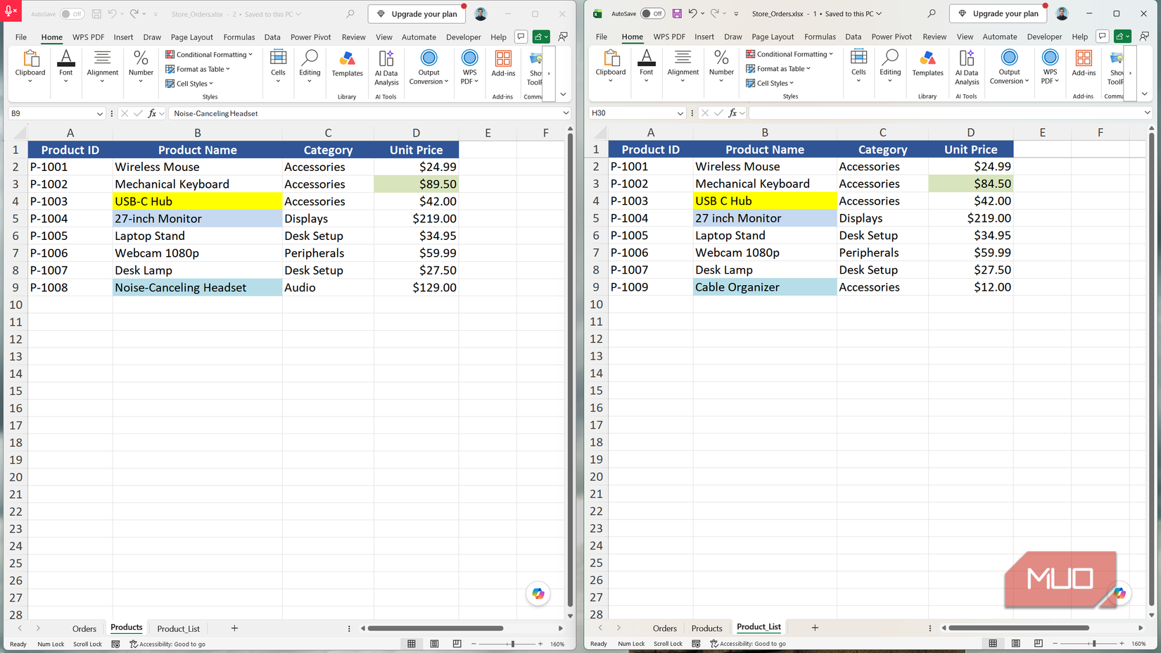 Two Excel sheets side by side showing four plus differences between duplicate product lookup tables.